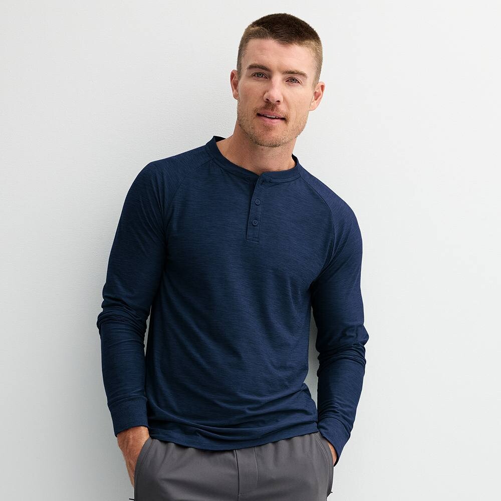 

Мужская роскошная мягкая футболка Wander Henley с длинным рукавом FLX, цвет Moonwalk Navy