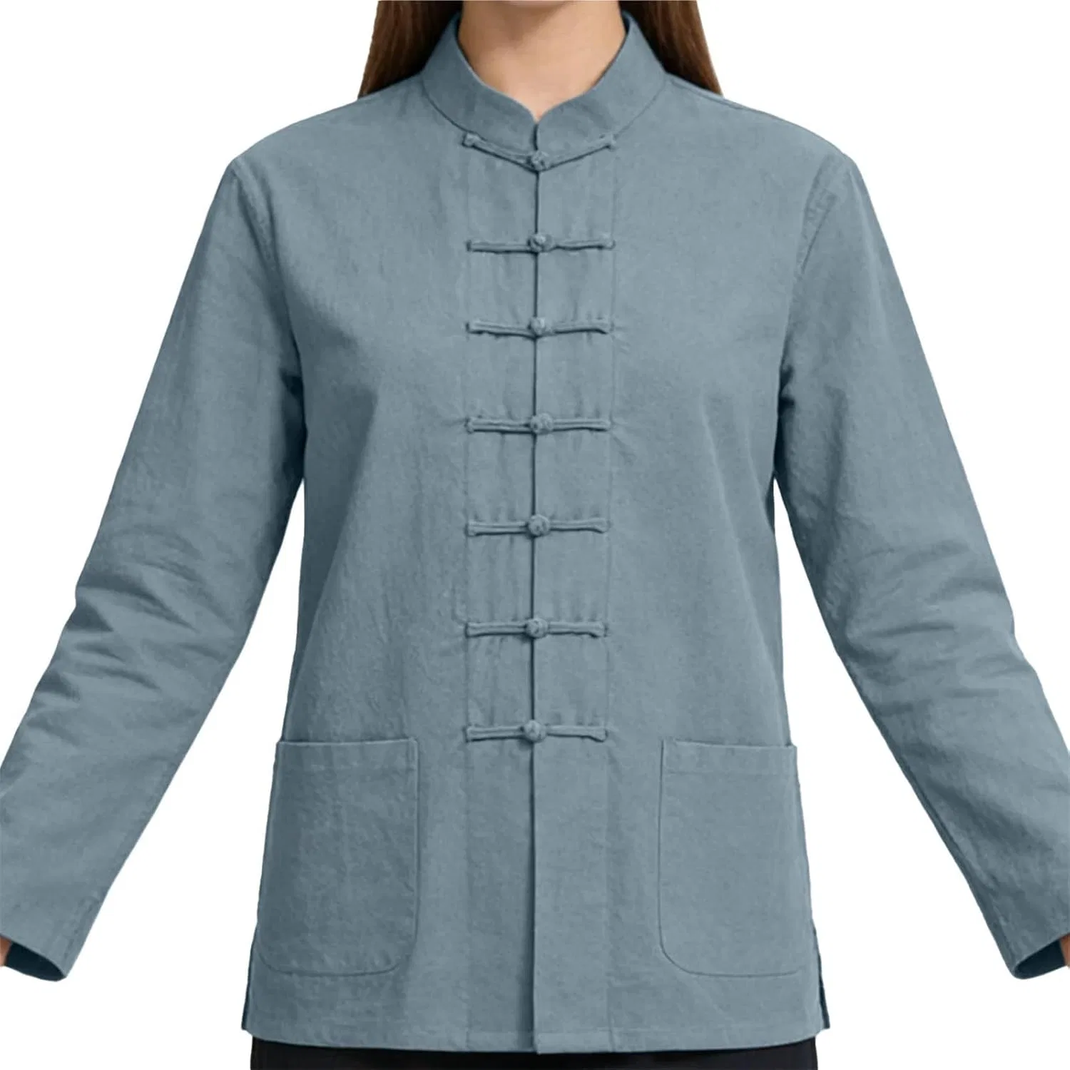 Блуза с мандариновым воротником и застежкой-петлей, длинный рукав, Casual Jacket, темно-синий — фото 4