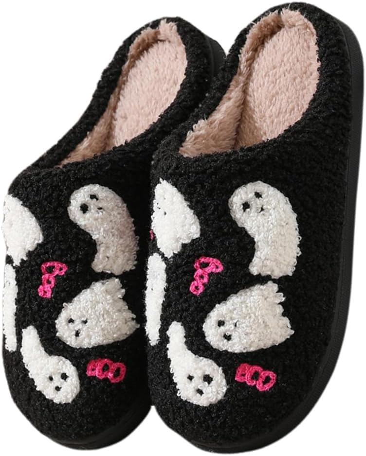 

Тапочки BibHoly на Хэллоуин для женщин и мужчин, милые тапочки с тыквой и кошкой, осенние тапочки в стиле преппи с привидениями, ретро-музыкальные теплые пушистые жуткие тапочки для дома, улицы, праздников и карнавала, черный