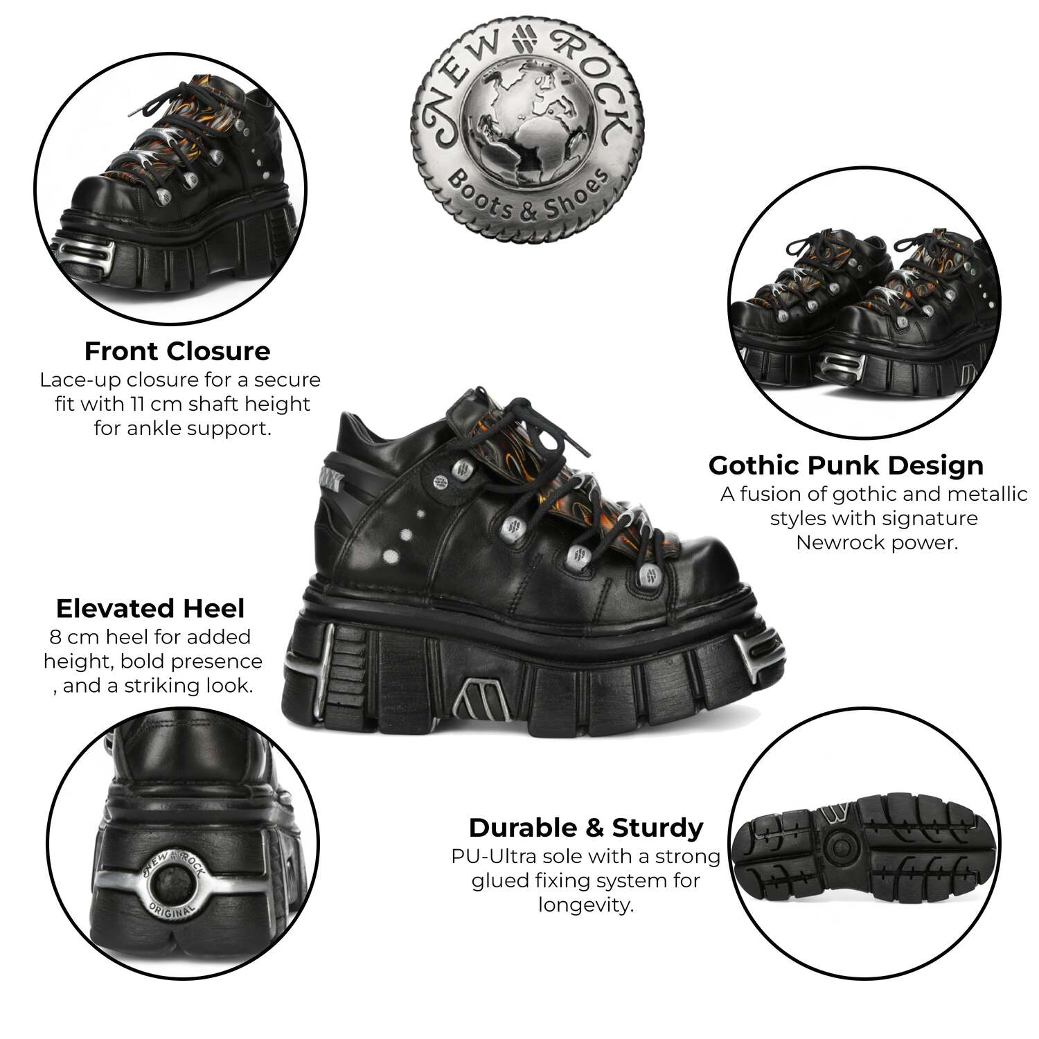 New Rock M-106N-C86 Кожаные готические ботинки на платформе с черным пламенем — фото 2