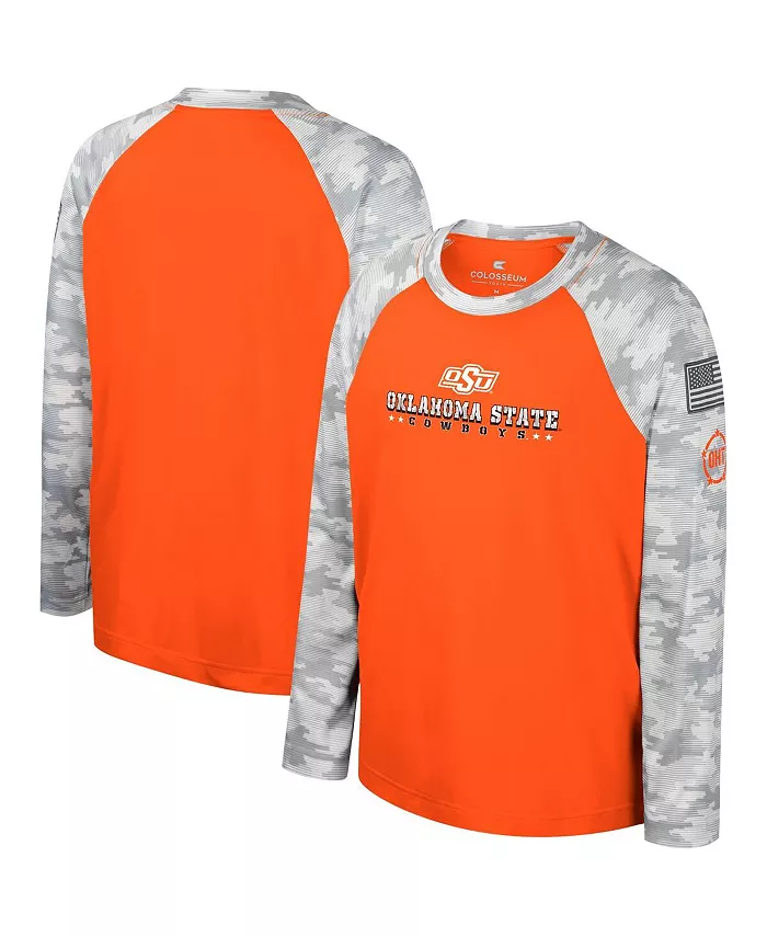

Футболка с длинным рукавом реглан Oklahoma State Cowboys OHT Military Appreciation Dark Star для подростков, оранжевая/камуфляжная Colosseum