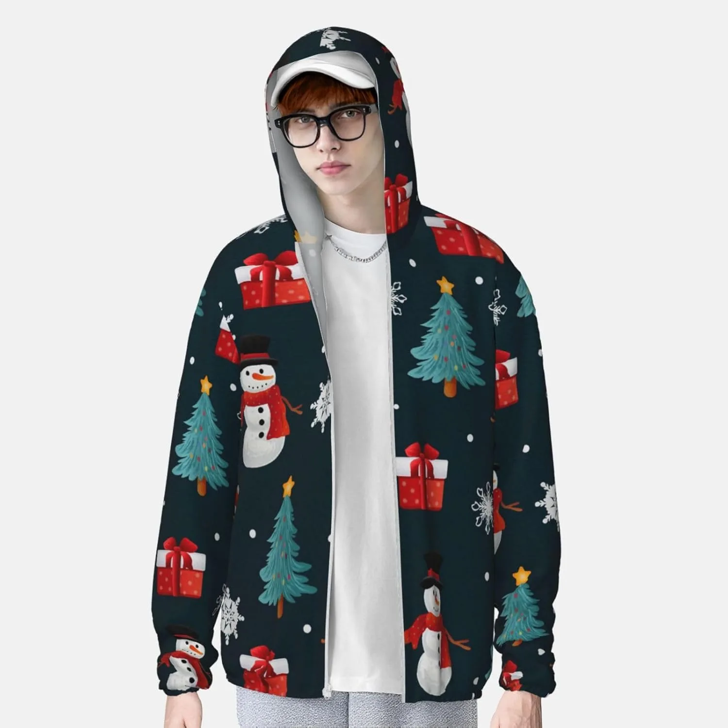 Толстовка с капюшоном Snowmen Christmas, защита от солнца, легкая, на молнии — фото 2