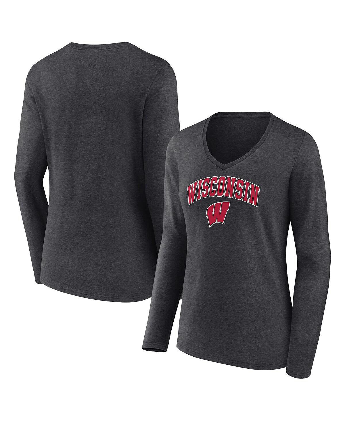 

Женская футболка с длинным рукавом и v-образным вырезом с логотипом Heather Charcoal Wisconsin Badgers Evergreen Campus Fanatics