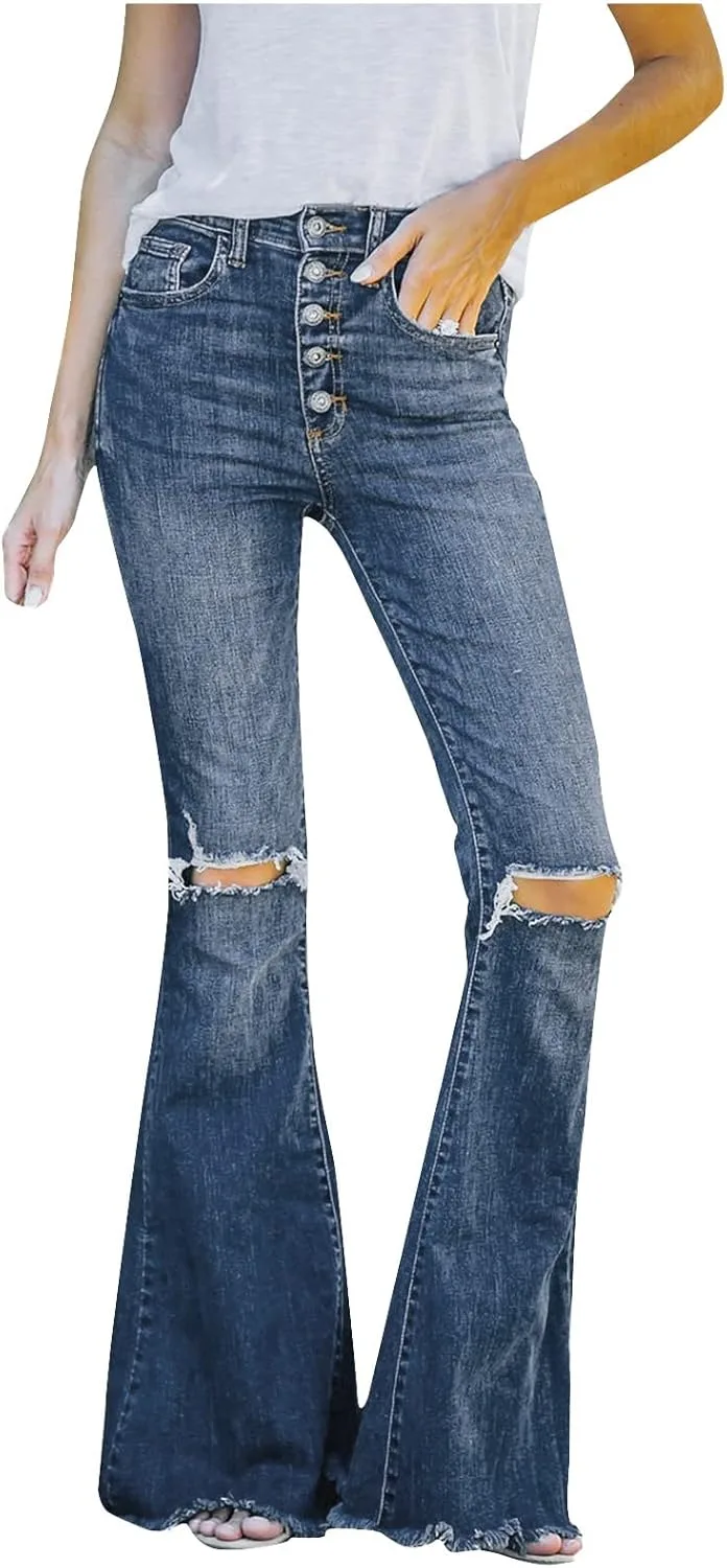 

Джинсы Bootcut для женщин High Waisted Western Boyfriend с эффектом потертостей tuduoms