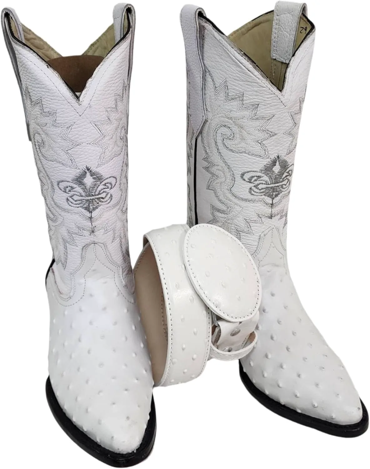 Мужские ковбойские сапоги Dona Michi Mens Western из кожи страуса белого цвета с принтом и бесплатным подходящим ремнем, белый — фото 2