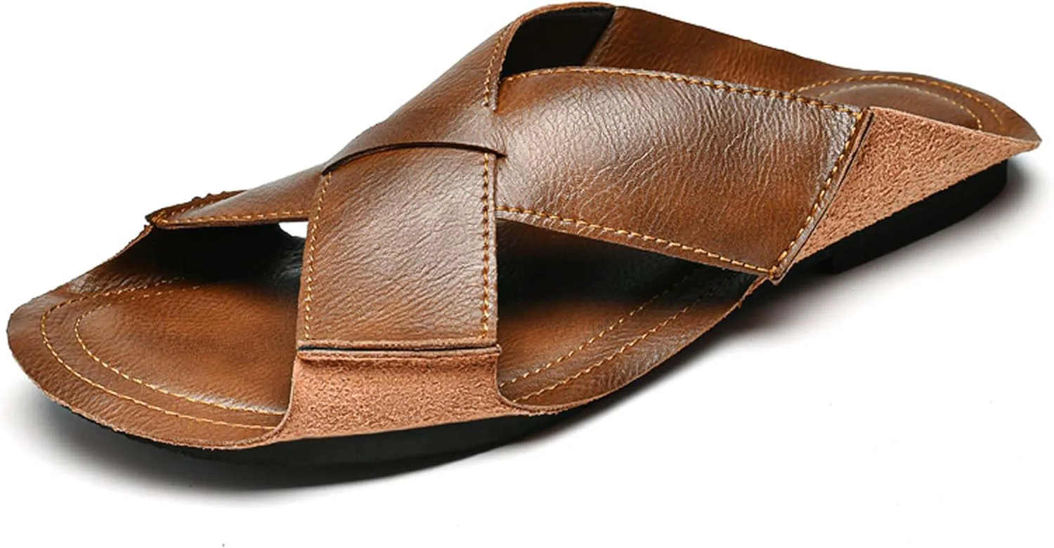 Men's leather fashion casual slides сандалии, comfortable lightweight non-slip soft bottom slide сандалии summer outdoor leisure beach сандалии，Premium leather slides Vtiao, коричневый — фото 2