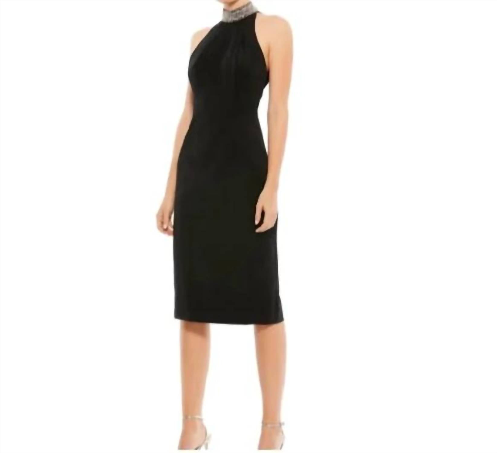 

Черное миди-платье с открытой спиной и украшенным вырезом на шее Ieena for Mac Duggal