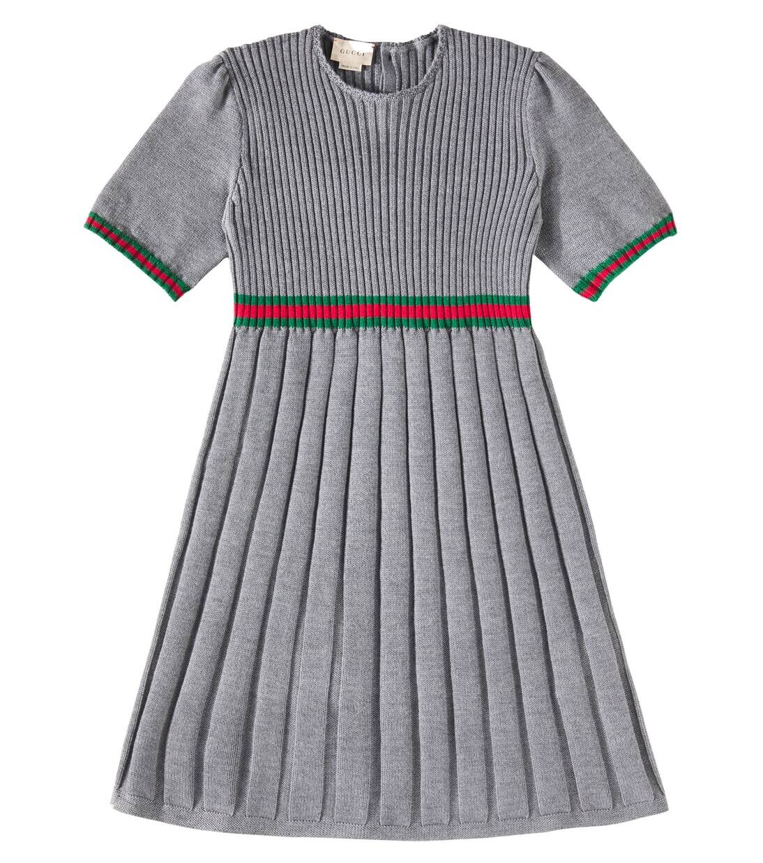 

Платье из плиссированной шерсти Web Stripe Gucci Kids, цвет grey/green/red