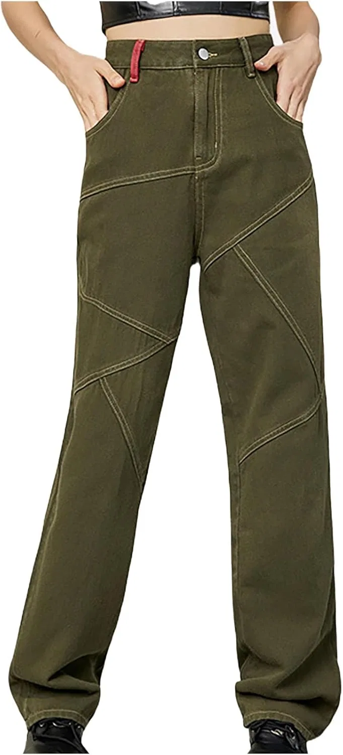 Джинсы карго с завышенной талией, прямые, Army Green