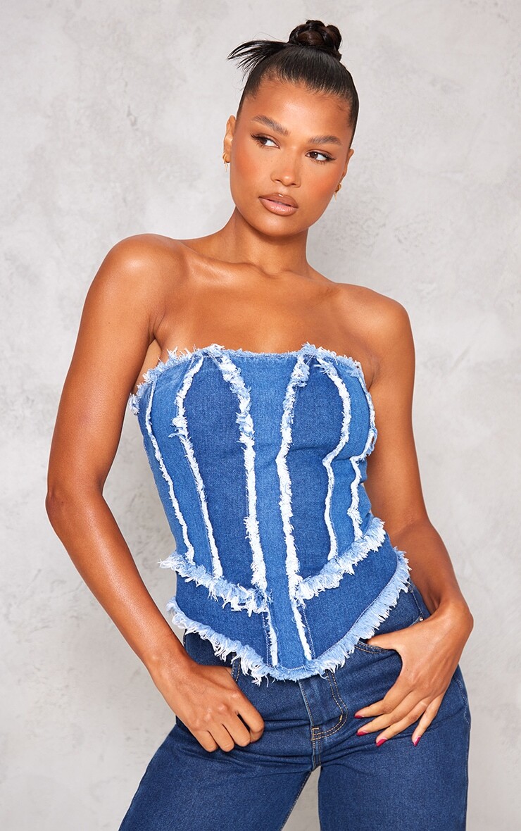 

PrettyLittleThing Корсет темно-синего цвета с потертыми швами и вставками с погружением