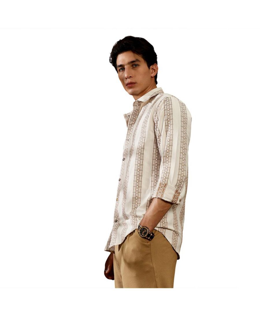 

Мужская рубашка из жаккарда в инди-полоску пепельно-коричневого и кремового цвета Campus Sutra, White