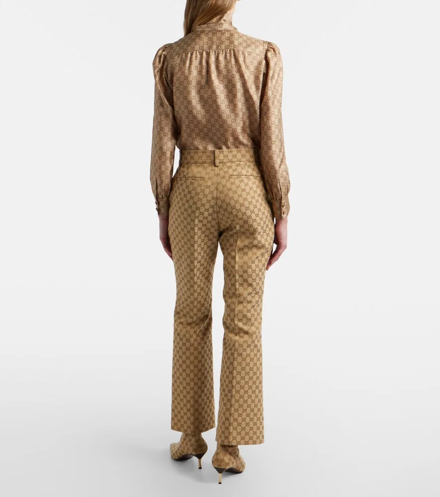 Брюки расклешенные Gucci GG Canvas, с кожаной подкладкой и золотой фурнитурой, бежевый — фото 3