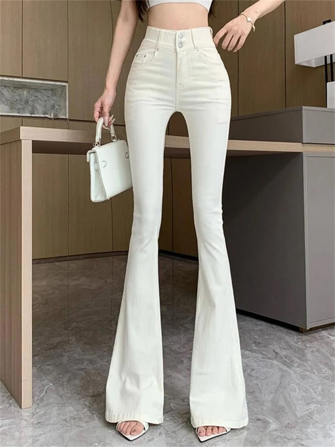 Джинсы с завышенной талией, Slim Flare, Beige — фото 4