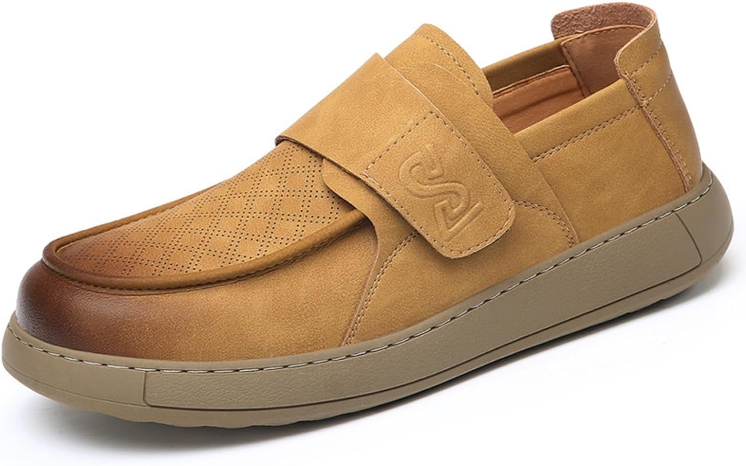 

Мужские ручной работы кожаные слипоны на платформе, повседневные лоферы с липучкой, с округлым носком, невысоким каблуком, дышащие, прогулок и отдыха на улице Qwuieoin, желтый