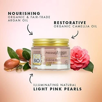 Крем для лица Sobio Etic — So'bio Precieux Argan Cosmos Organic Укрепляющий дневной с эффектом сияния и розовым, 50 мл — фото 3