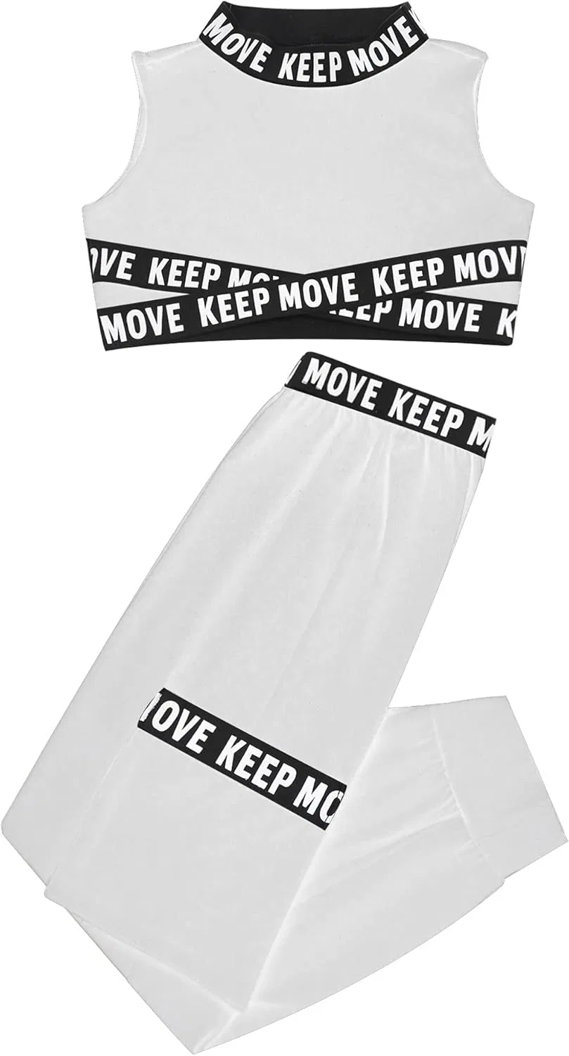 Детский спортивный костюм с принтом Moggemol, топ и леггинсы, White Sleeveless — фото 3