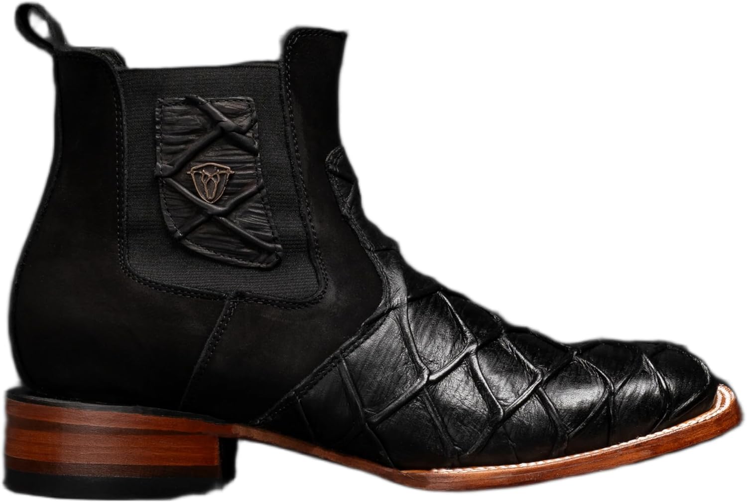 

Мужские ковбойские сапоги с короткой голенью Rodeo Cartie из натуральной кожи с квадратным носком, экзотической рыбой Монстр, принт Royal Pirarucu 4D - черные Generic