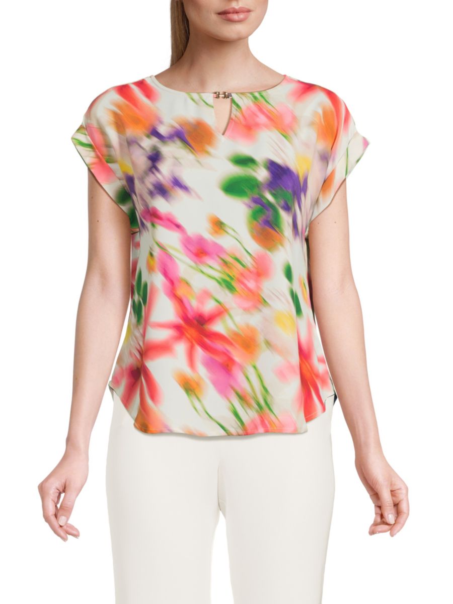 

Блузка с цветочным принтом и вырезом-замочной скважиной Halston, цвет Cream Combo