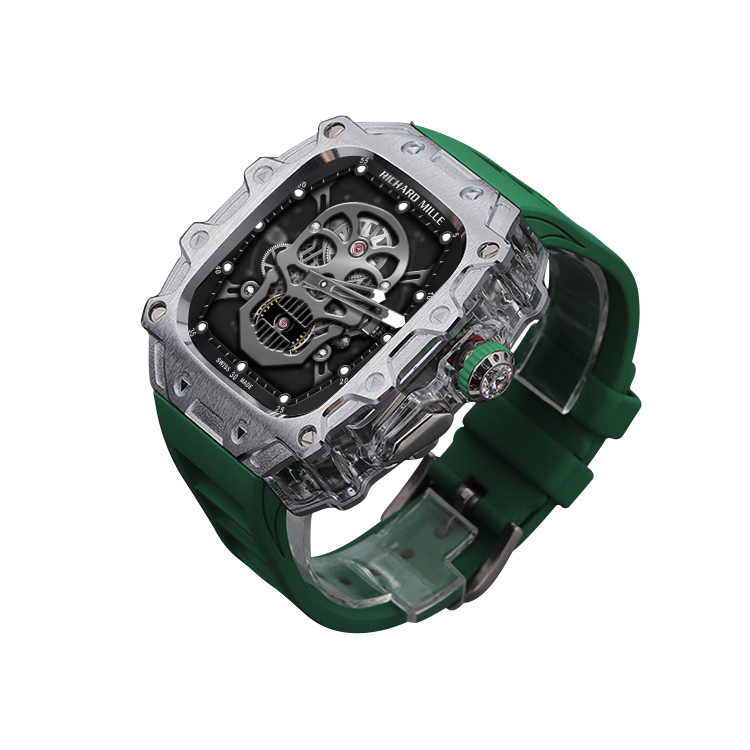 

Akkerds Часы Apple Alloy Case Material Ultra2/1 Generation, Silver case, transparent middle frame, green fluoroelastomer single-hand buckle strap