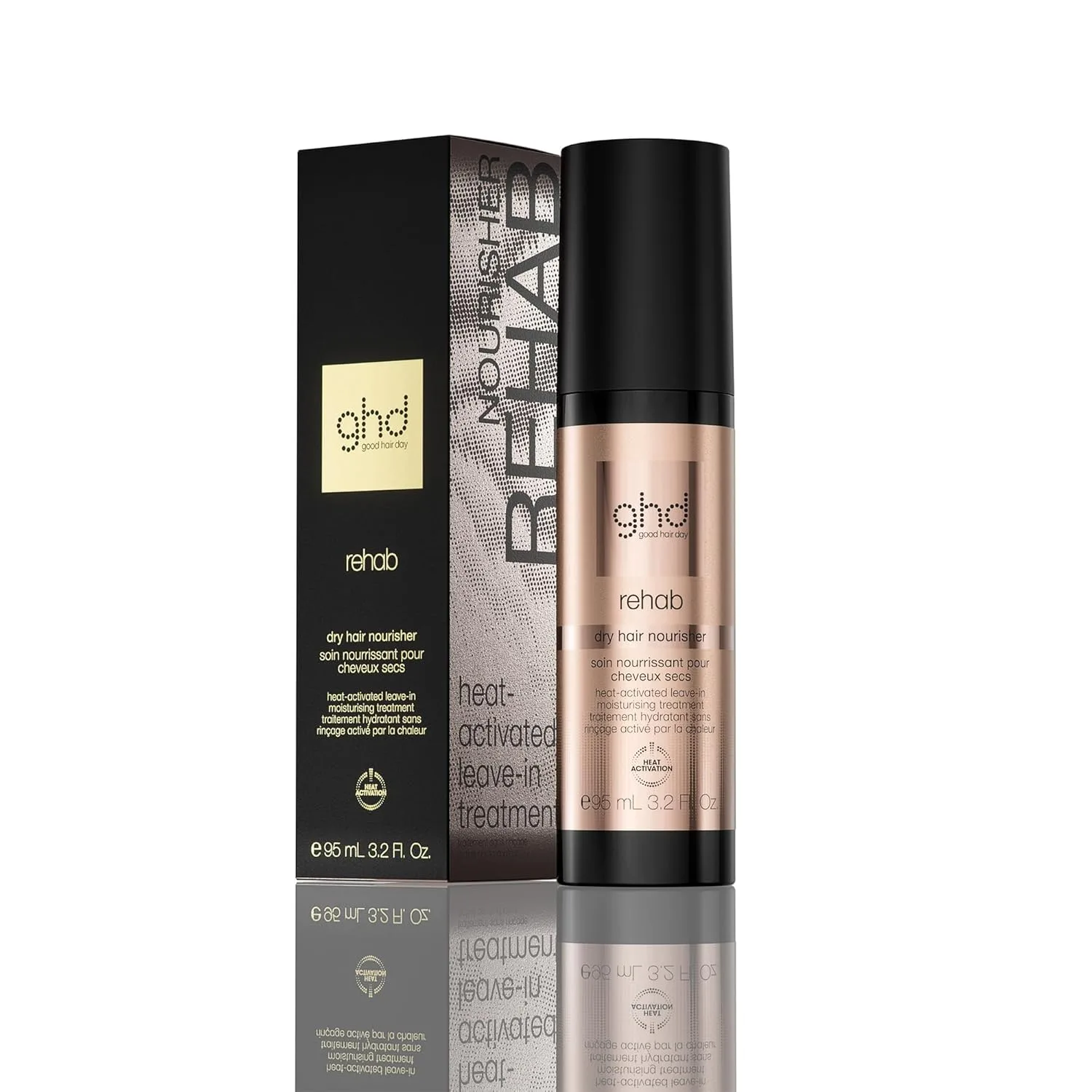Несмываемый кондиционер для волос ghd Rehab улучшает состояние волос во время сушки и укладки, обеспечивая безупречный результат без смывания и выдержки., black