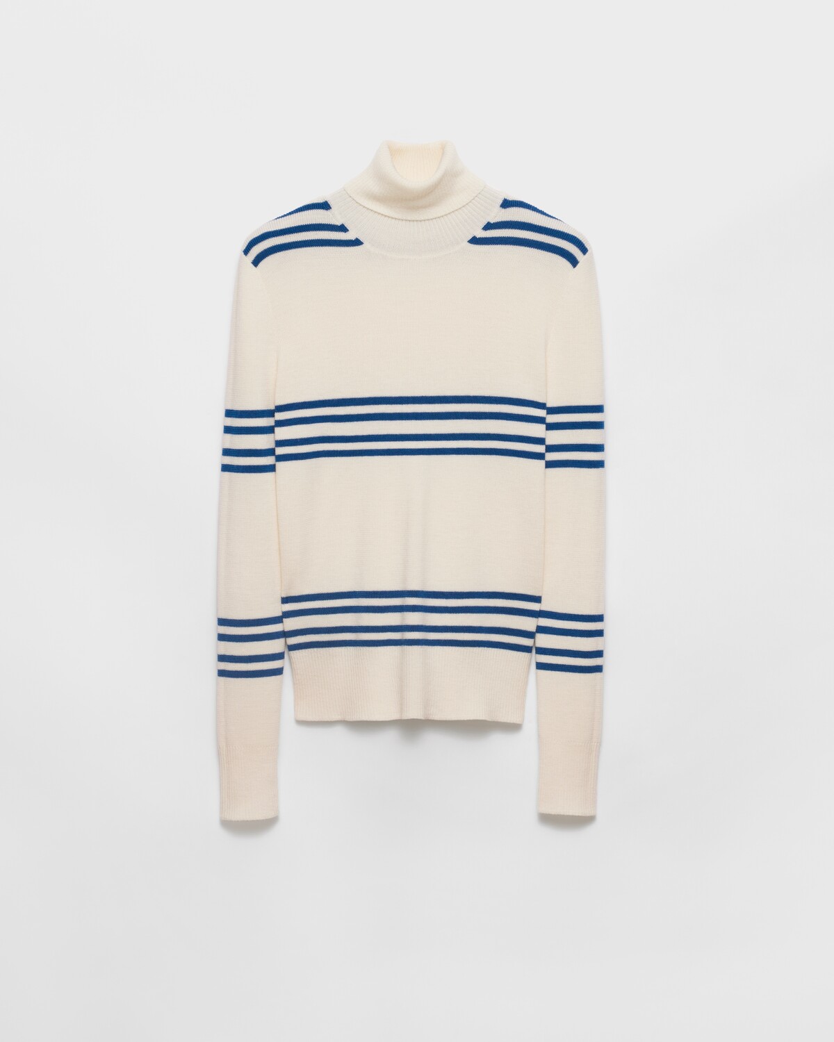 

Полосатый шерстяной свитер с воротником-стойкой Prada, белый