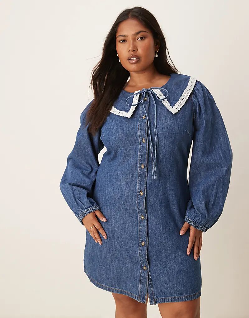 

Джинсовое мини-платье с длинными рукавами и воротником ASOS DESIGN Curve, средне-синего цвета Asos Curve
