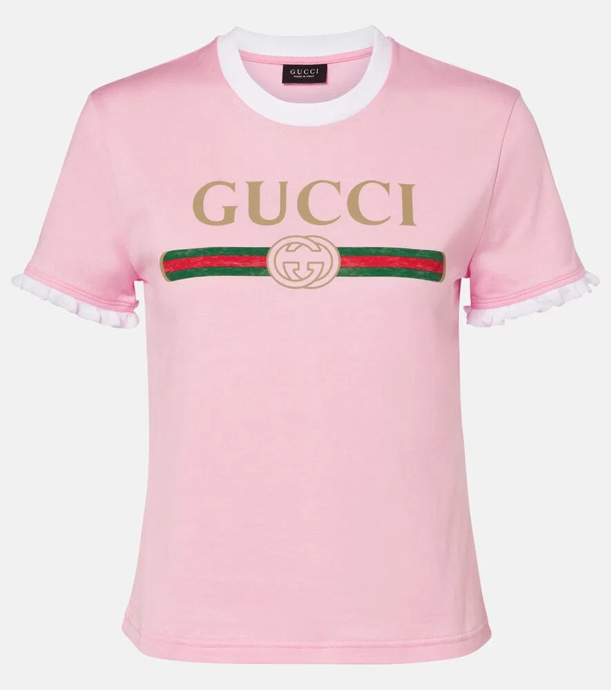 Футболка Gucci с логотипом, с оборками на манжетах, розовый