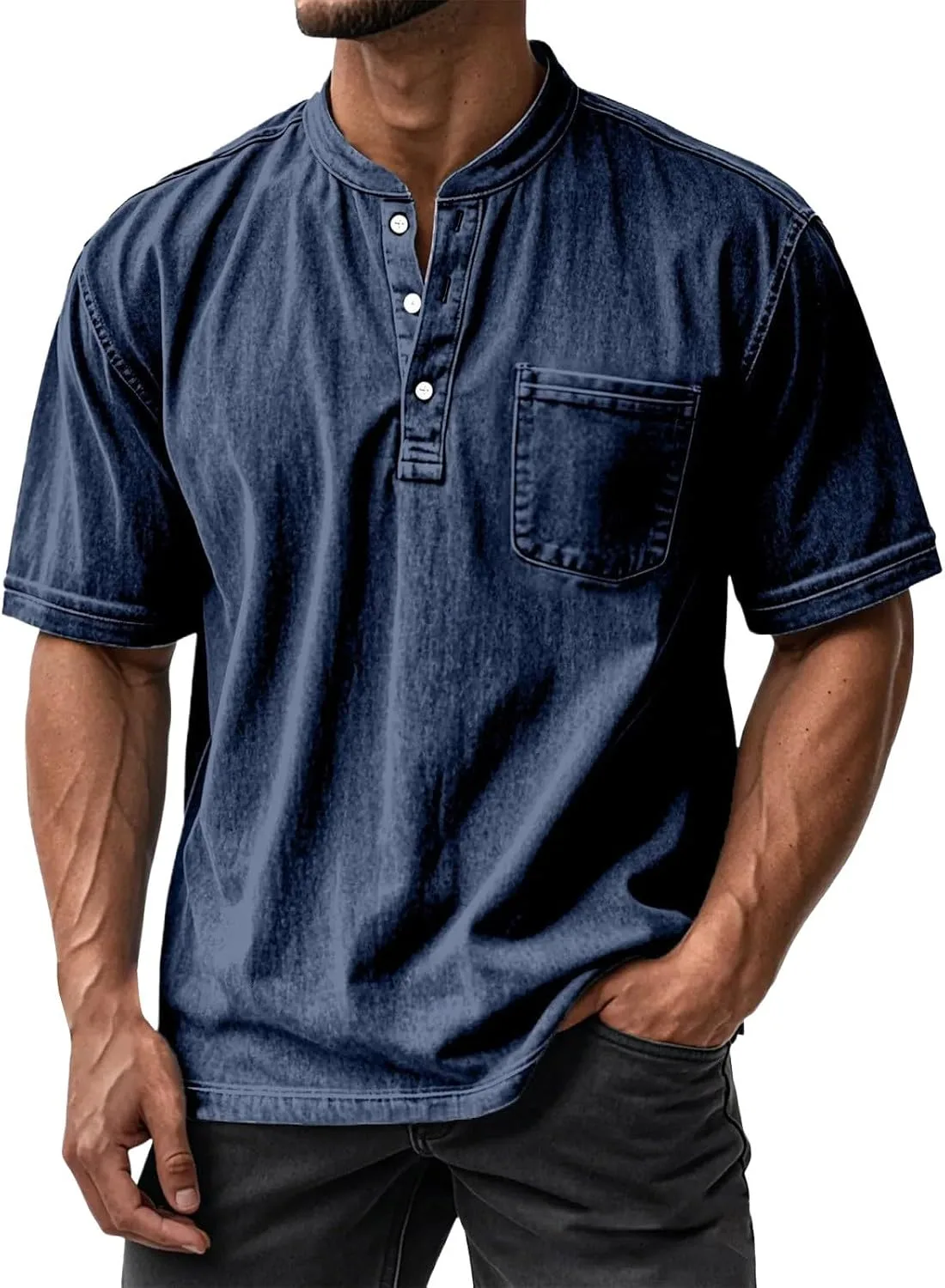 Мужская хлопковая рубашка Vintage Henley с коротким рукавом, Casual, Washed Imitation Denim, Loose Fit