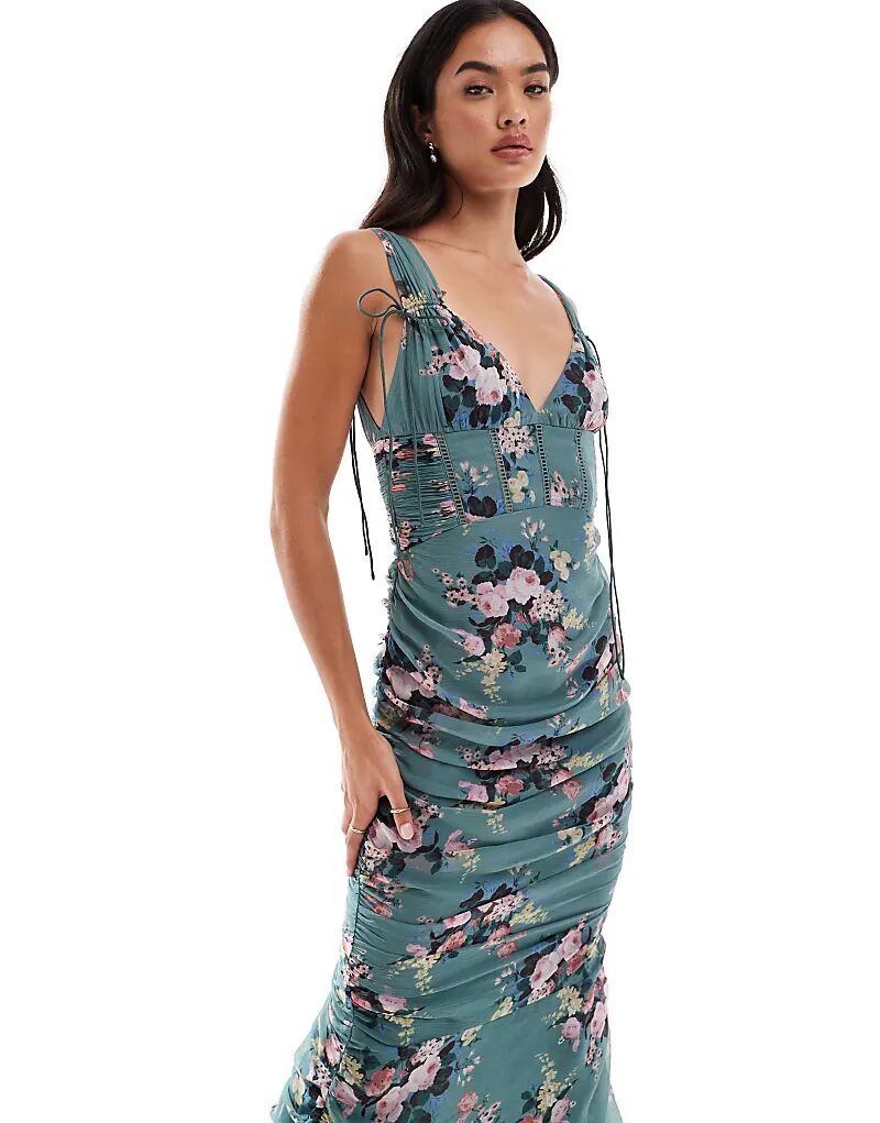 

Платье миди ASOS DESIGN с кружевными вставками и сборками по бокам, цветочным принтом