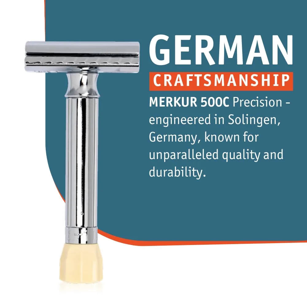 Безопасная бритва MERKUR Progress 500 с регулируемым двусторонним лезвием - стандартная ручка, регулируемая бритва с регулятором, произведено в Германии, закрытый гребень без пластика, прямая лезвие., Silver — фото 4