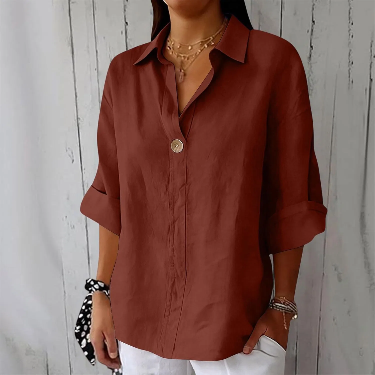Блуза с V-образным вырезом, 3/4 рукав, Linen Shirts, Brick Red — фото 2
