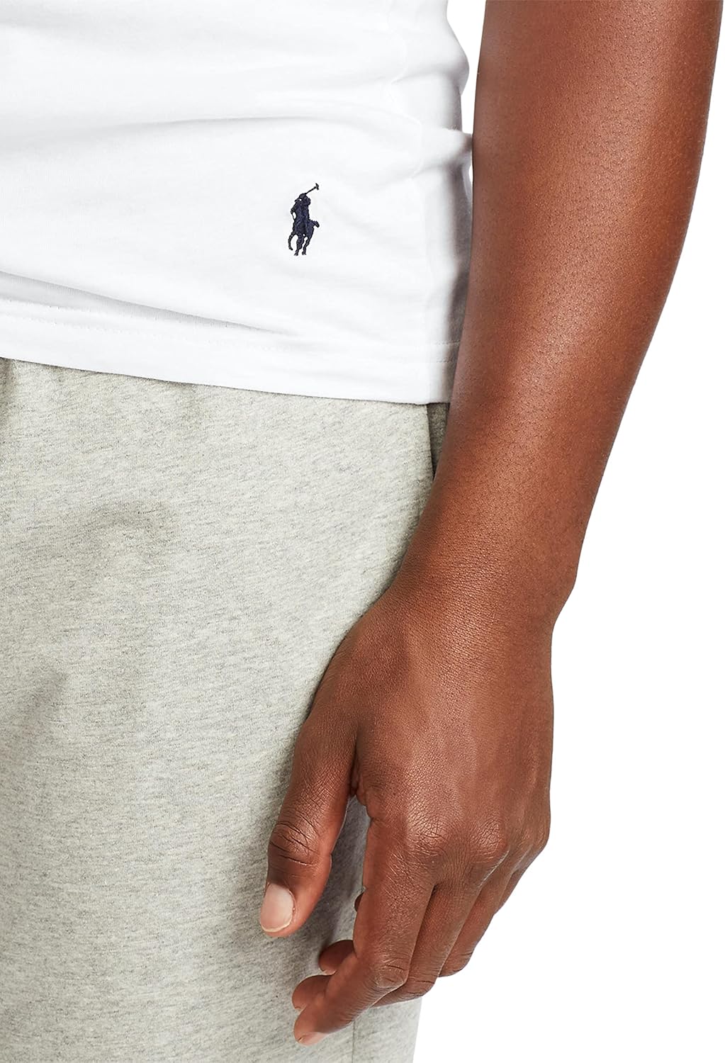 POLO Ralph Lauren мужские облегающие хлопковые майки с V-образным вырезом, набор из 3 штук, White/Navy - 3 Pack — фото 4