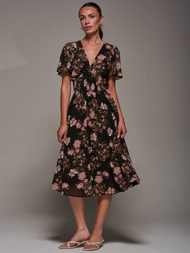 

Фатовое шифоновое платье миди с завязками Jolie Moi, Black Floral