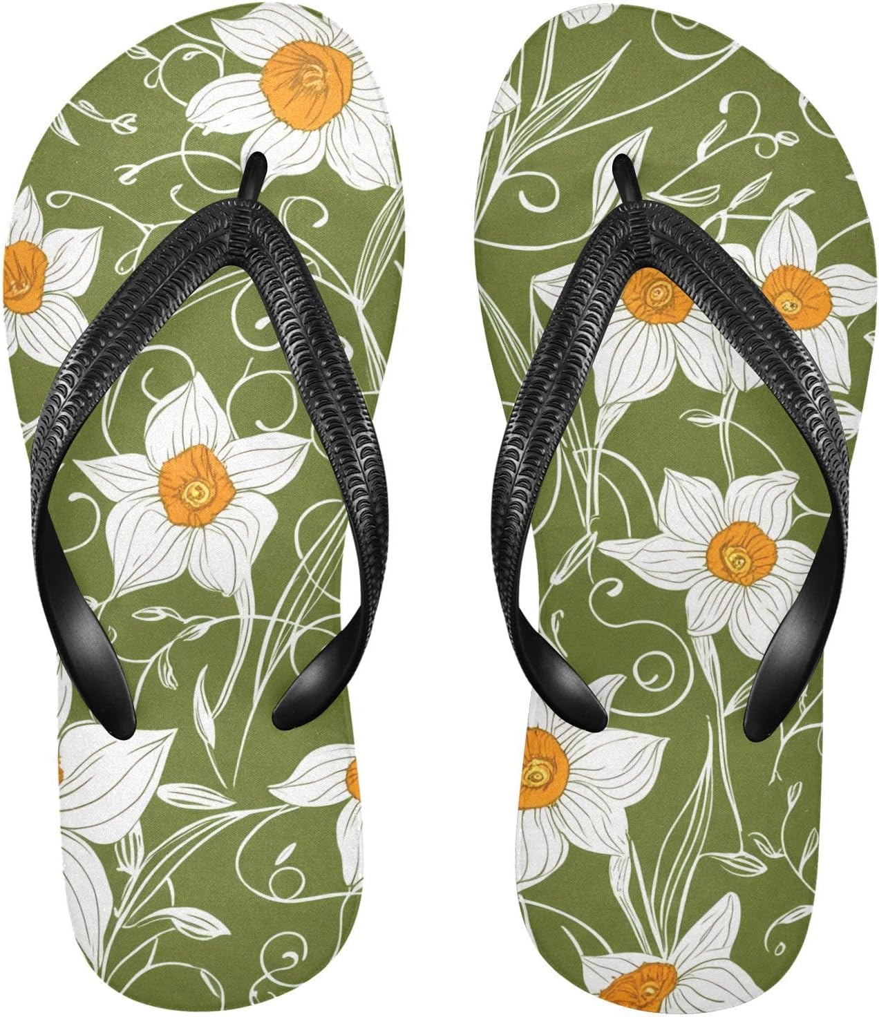 

Сланцы с цветочным принтом нарциссов, пляжные шлепанцы для душа, резиновые нескользящие летние тапочки для ходьбы, для мужчин и женщин Sinestour, Daffodils Floral Olive