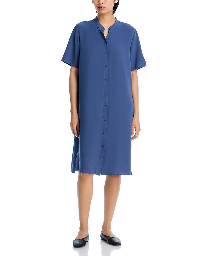 

Шелковое платье-рубашка с воротником-стойкой Eileen Fisher, синий
