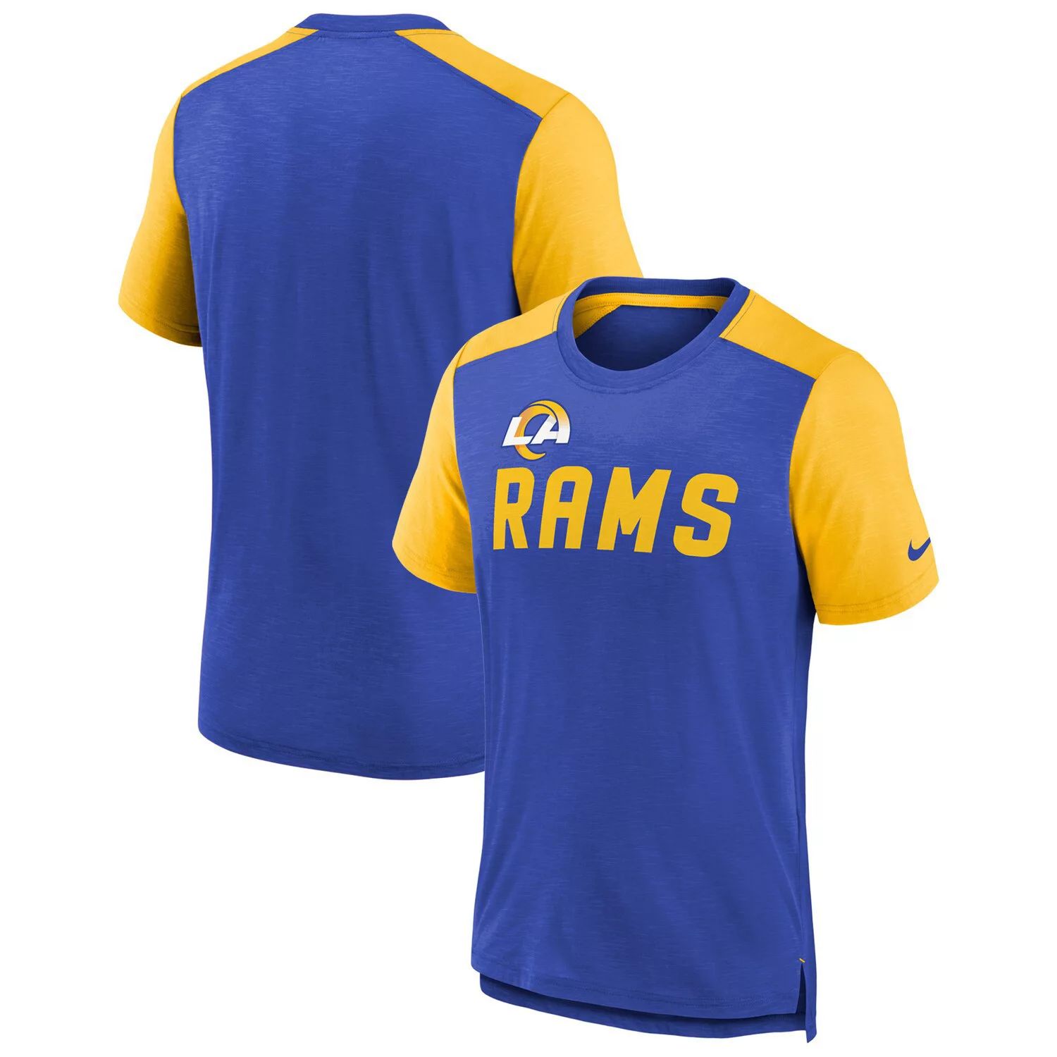 

Молодежная футболка Nike Heathered Royal/Heathered Gold Los Angeles Rams с названием команды с цветными блоками Nike