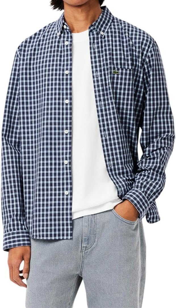 

Lacoste мужская длинная рубашка в клетку Gingham на пуговицах, Navy Blue Cotton
