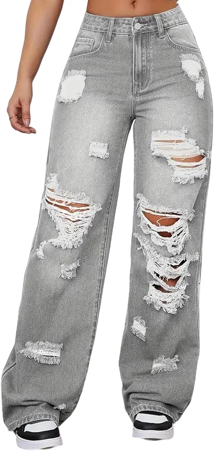 

HuiSiFang женские рваные джинсы wide leg с высокой посадкой