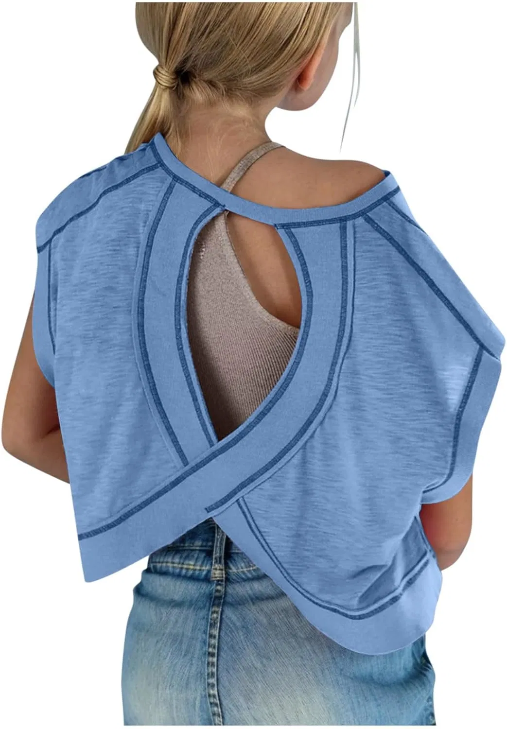 Футболка для девочек с открытой спиной, короткая, Generic, A01-blue