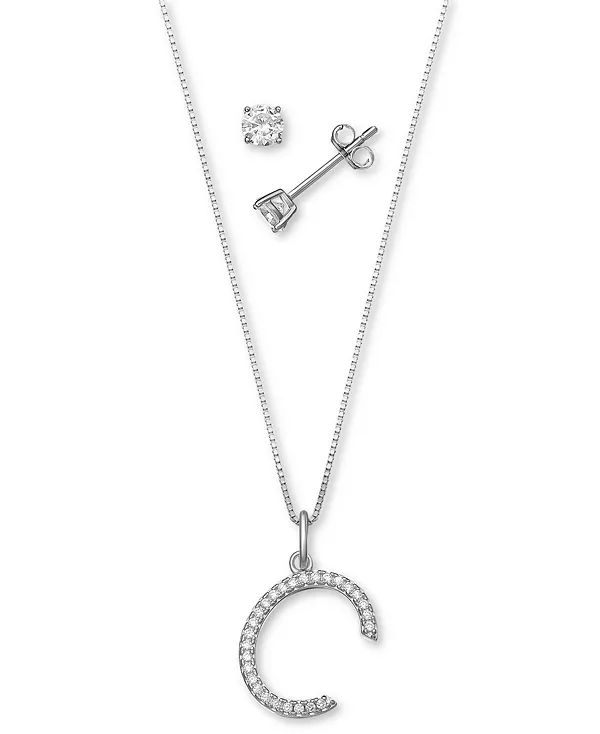 

Комплект из двух кулонов с инициалами из кубического циркония и серег-гвоздиков с солитером из стерлингового серебра, созданный для Macy's. Giani Bernini, c