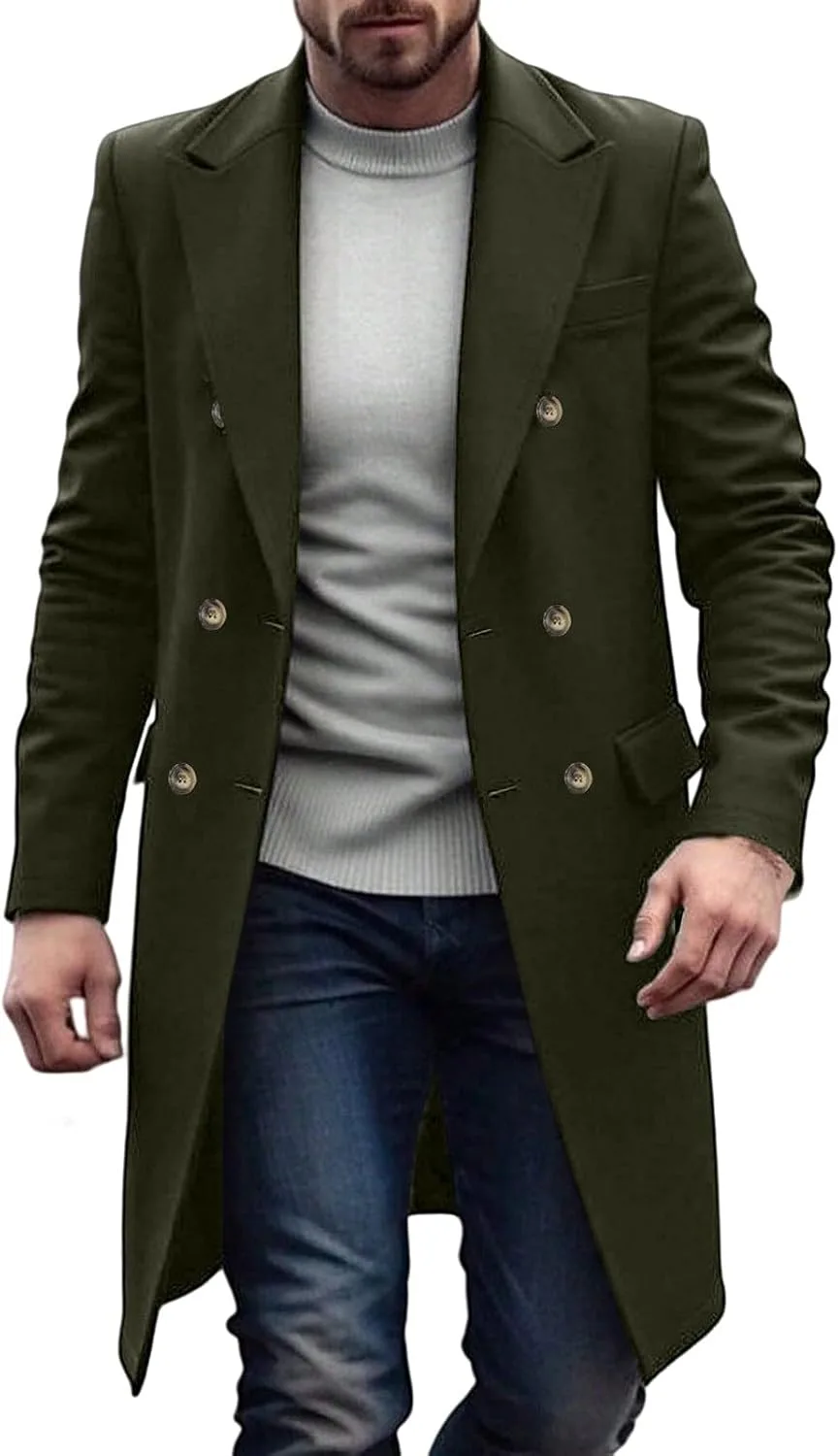 Мужское пальто с отложным воротником, двубортное, средней длины, в стиле pea coat, для бизнес-кэжуал, ветровка, зимнее, теплое, пальто Generic, зеленый