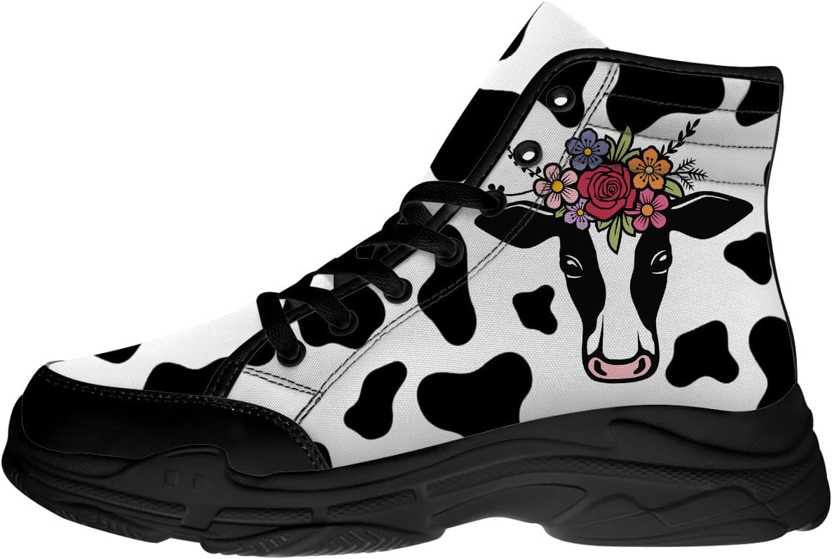 

Женские высокие кеды Quorax с принтом коровы, цветочные кроссовки на шнуровке из ткани, подарки с коровьим рисунком для нее и для него, черный