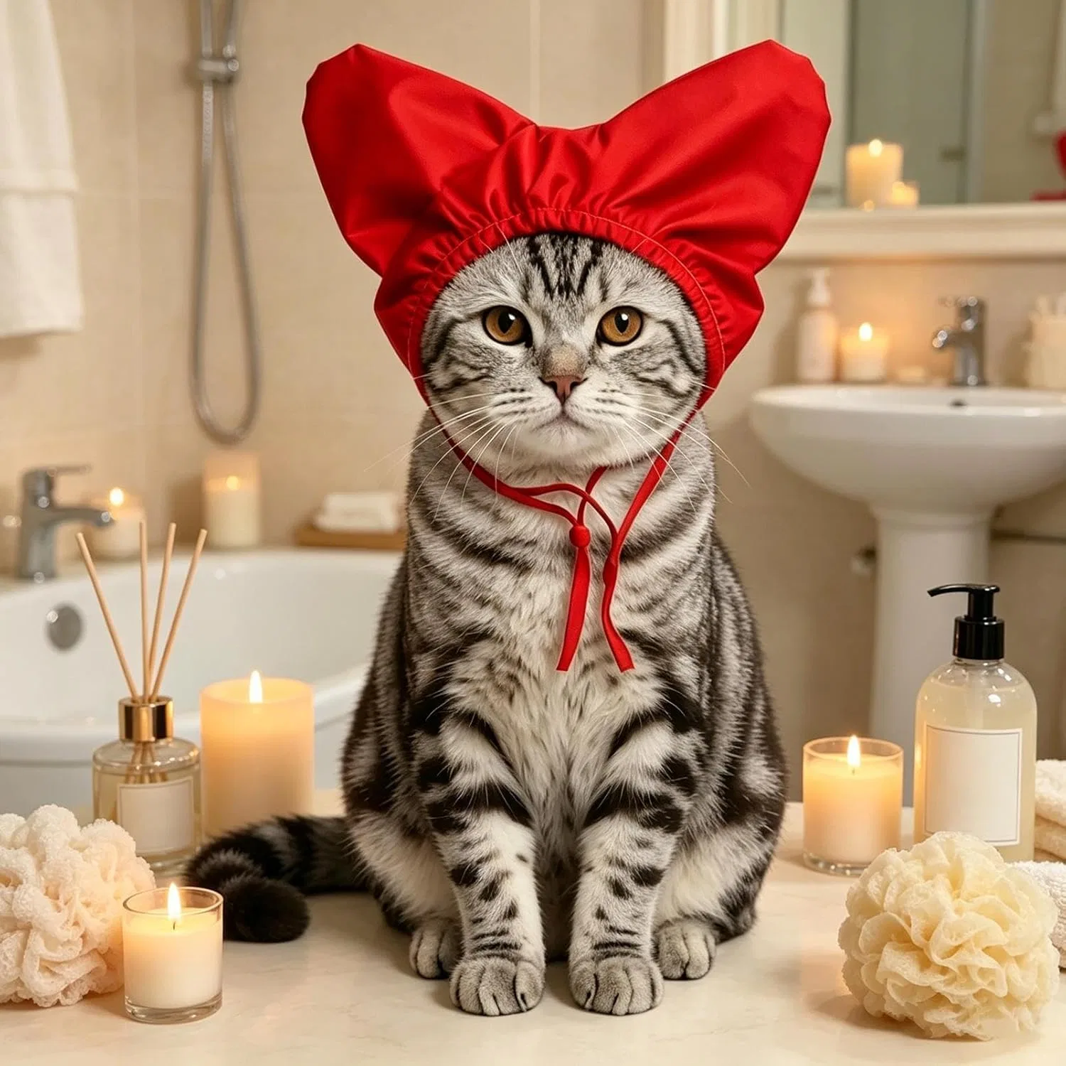 Водонепроницаемая шапочка для душа для кошек с защитой ушей Generisch, Rot — фото 4