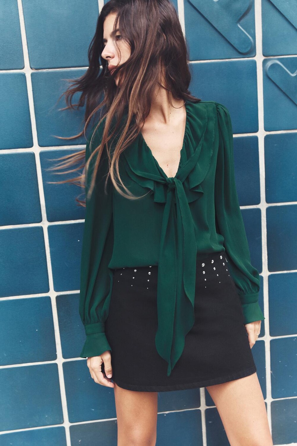 

Романтическая блузка с завязкой ZARA, бутылочно-зеленый