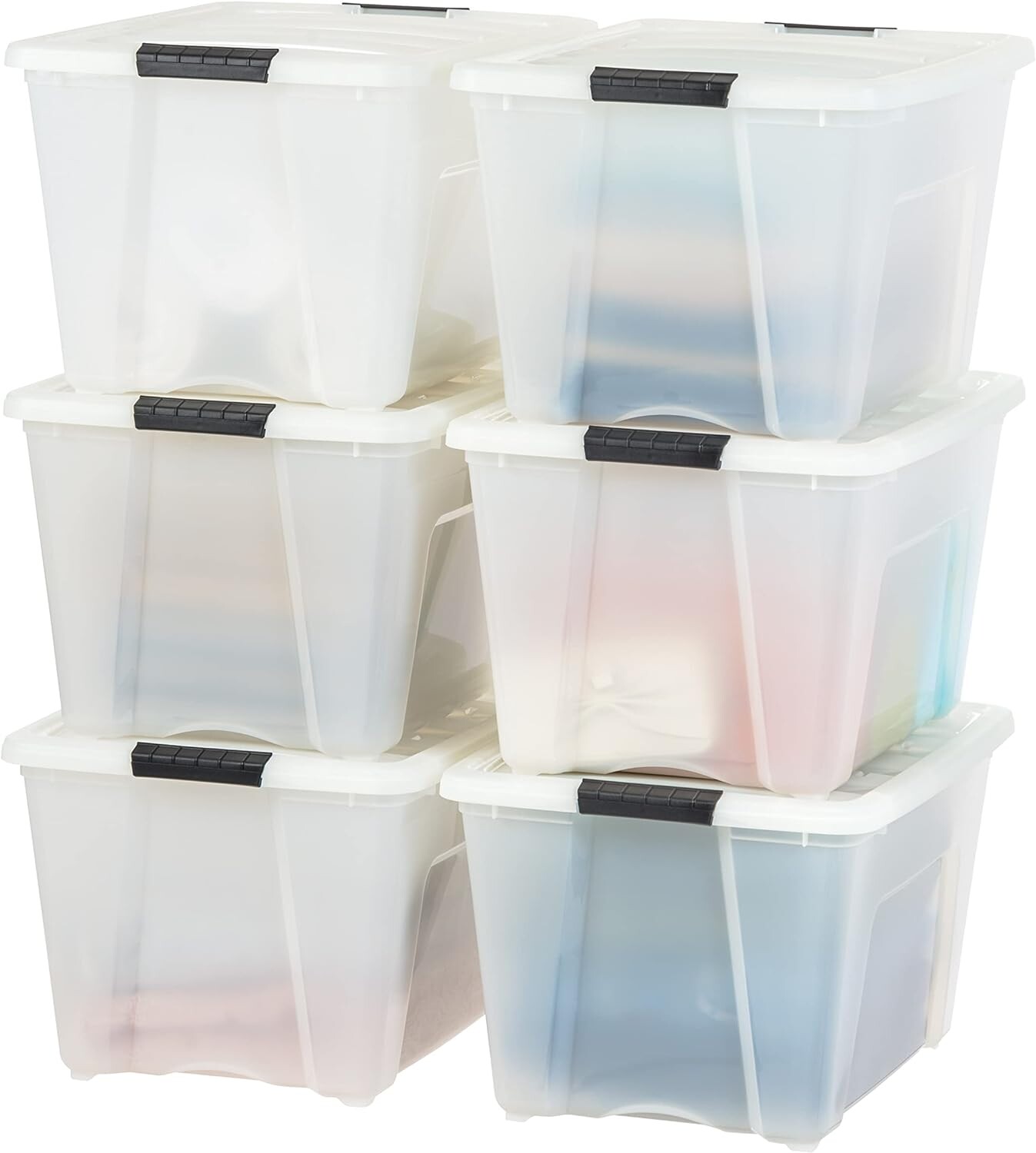 

IRIS USA 54 Qt Штабелируемые пластиковые контейнеры для хранения с крышками, 6 упаковок — без BPA, сделано в США — незаметное решение для организации, защелки, прочные встраиваемые контейнеры, надежная ручка — Pearl, Pearl