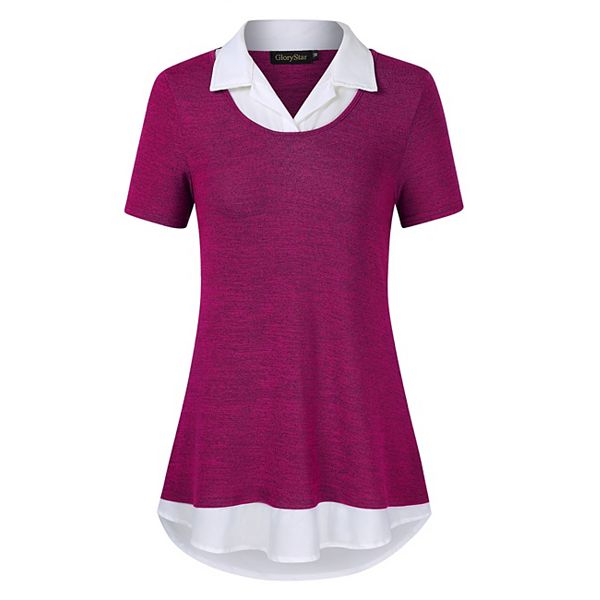 

Женская блуза с коротким рукавом и контрастным воротником в стиле пэчворк Clearflower, Fushia