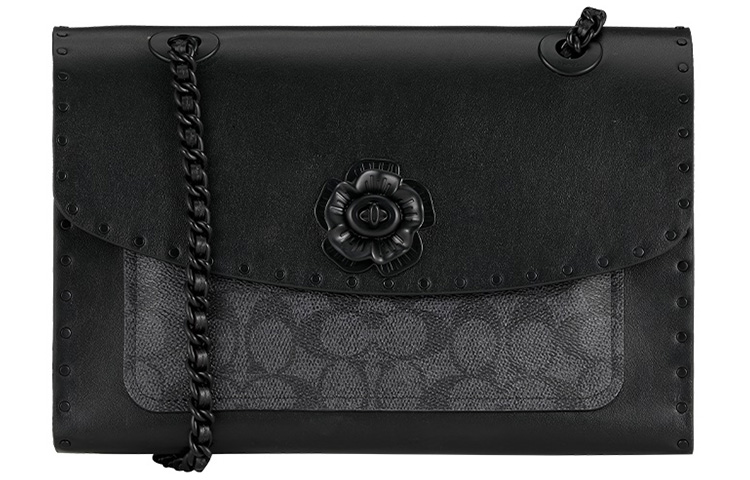 

COACH Сумка Parker Canvas с кожаной цепочкой, сумка через плечо, среднего размера, женская, черно-угольно-серая