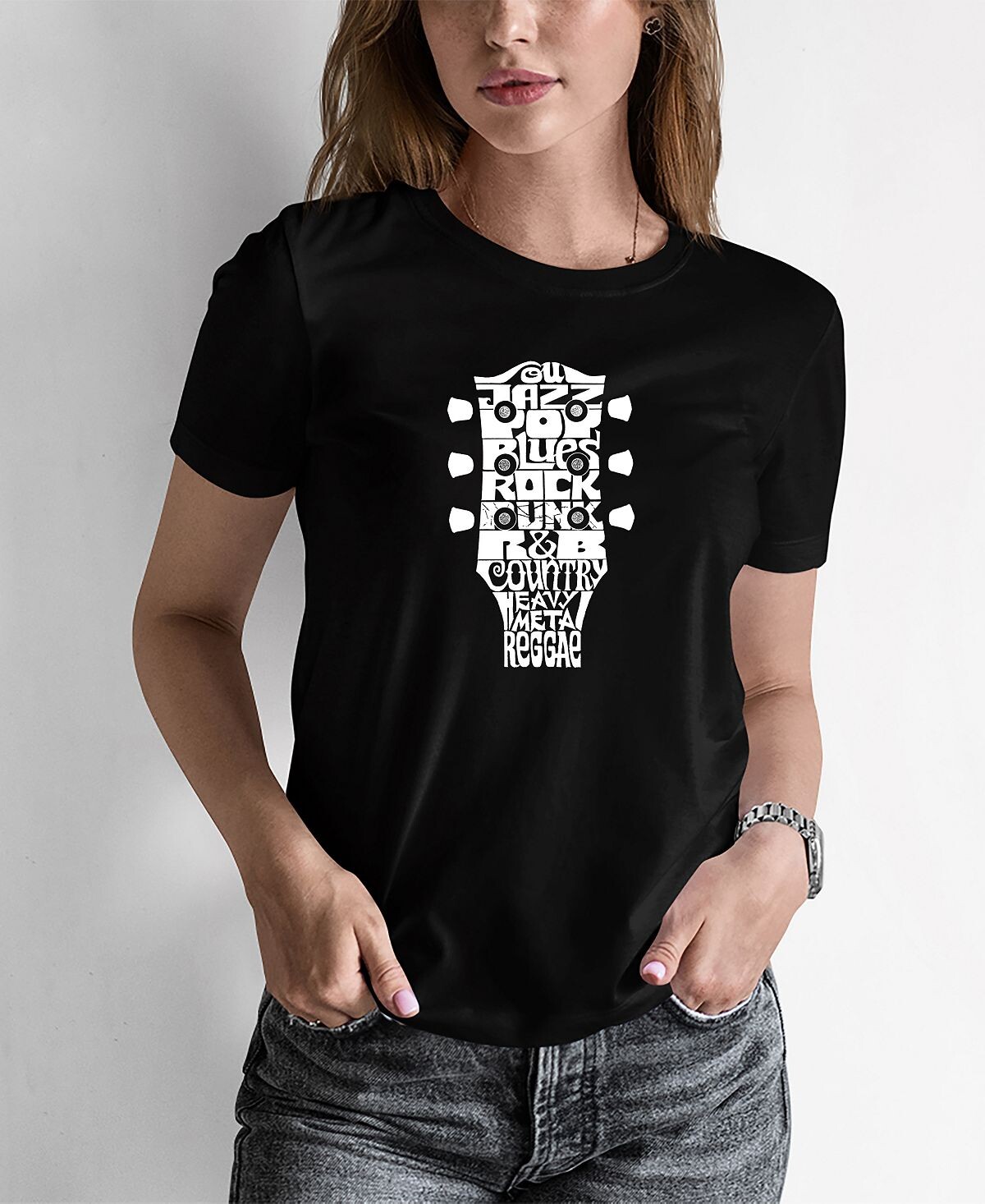 

Женская футболка с надписью «Guitar Head» «Музыкальные жанры» LA Pop Art, черный