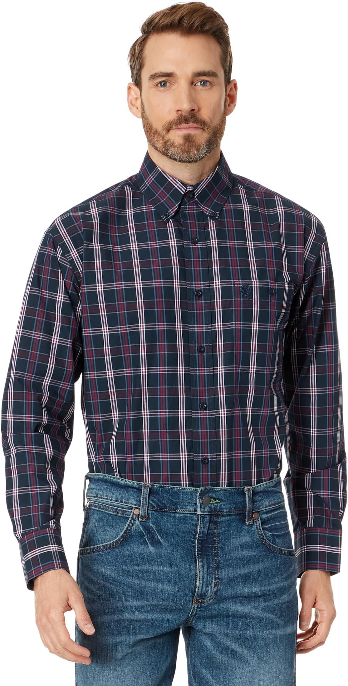 

Рубашка Wrangler George Strait Long Sleeve One-Pocket Plaid, цвет Navy/Burgundy