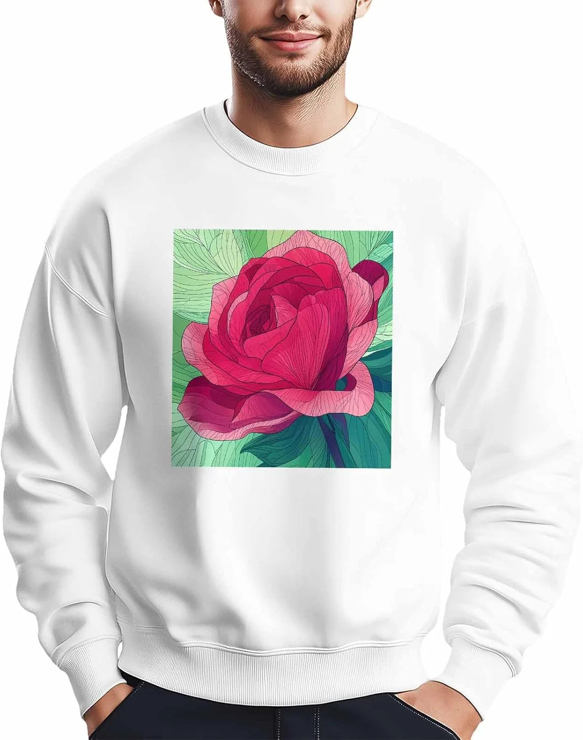 

Мужской свитшот с принтом красной розы и зеленых листьев Winvebermior